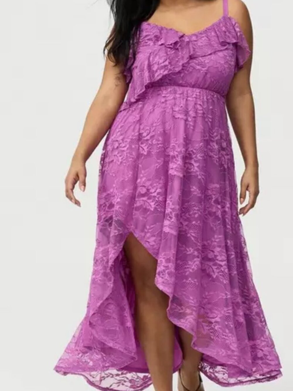 NWT Torrid Purple/Orchid Floral Lace High-Low Maxi Dress Ruffle Romantic Formal